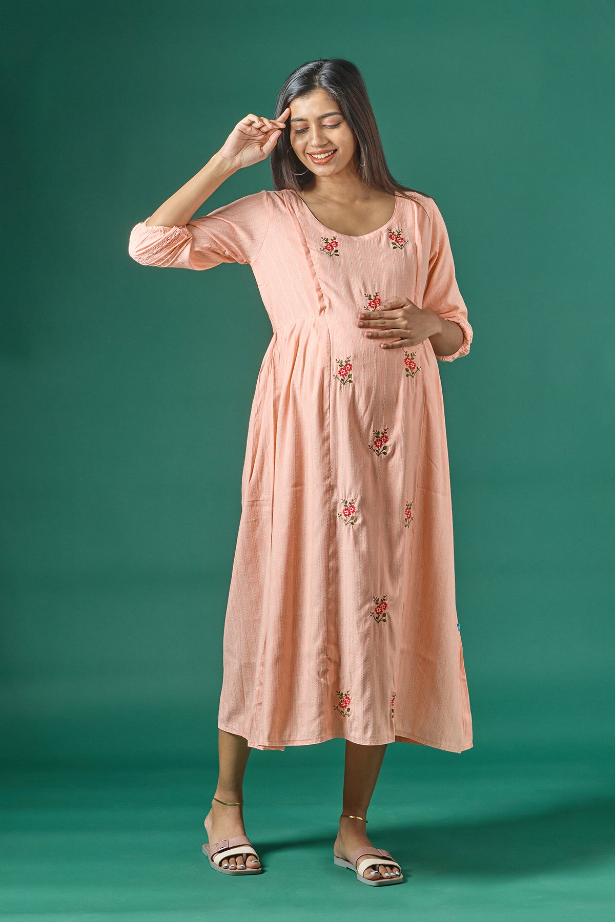 Textured Maternity Kurta with Delicate Floral Embroidery - Peach