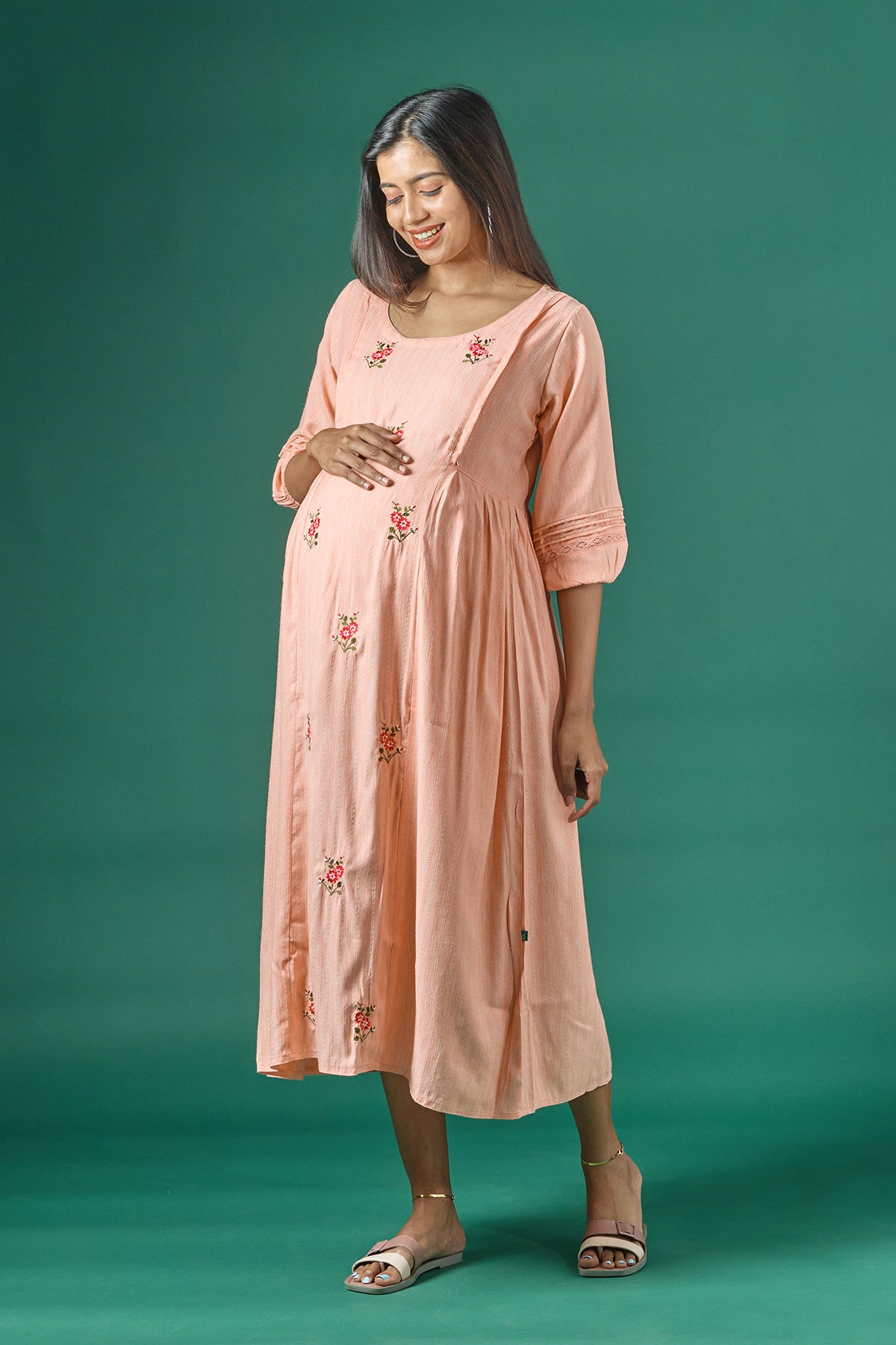 Textured Maternity Kurta with Delicate Floral Embroidery - Peach