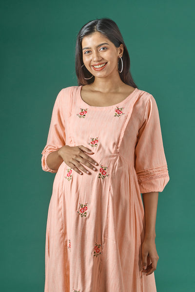 Textured Maternity Kurta with Delicate Floral Embroidery Peach