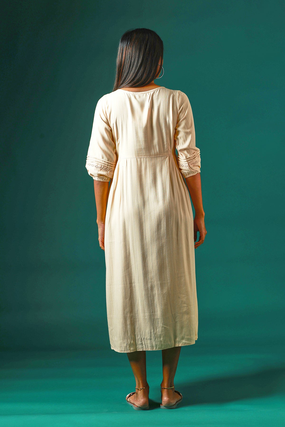 Textured Maternity Kurta with Delicate Floral Embroidery Beige