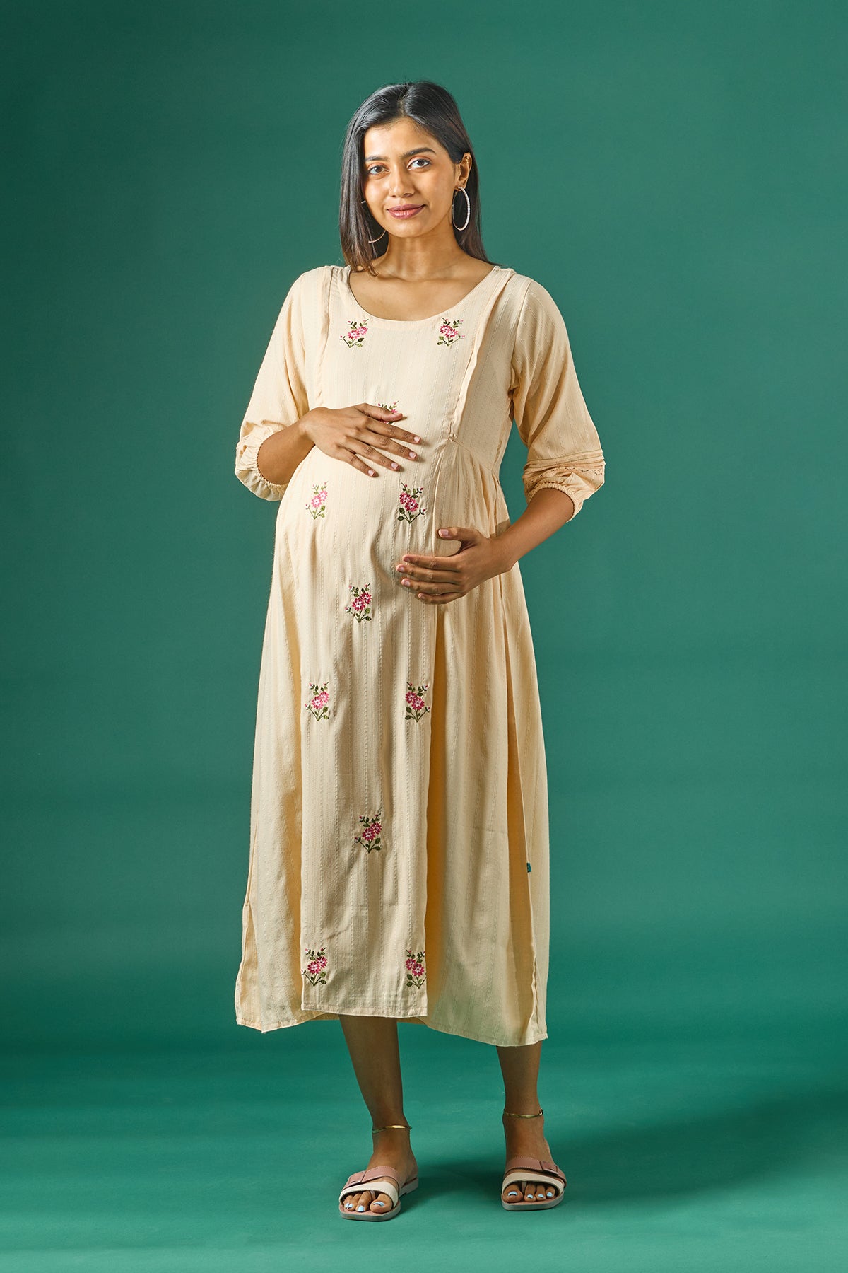 Textured Maternity Kurta with Delicate Floral Embroidery - Beige
