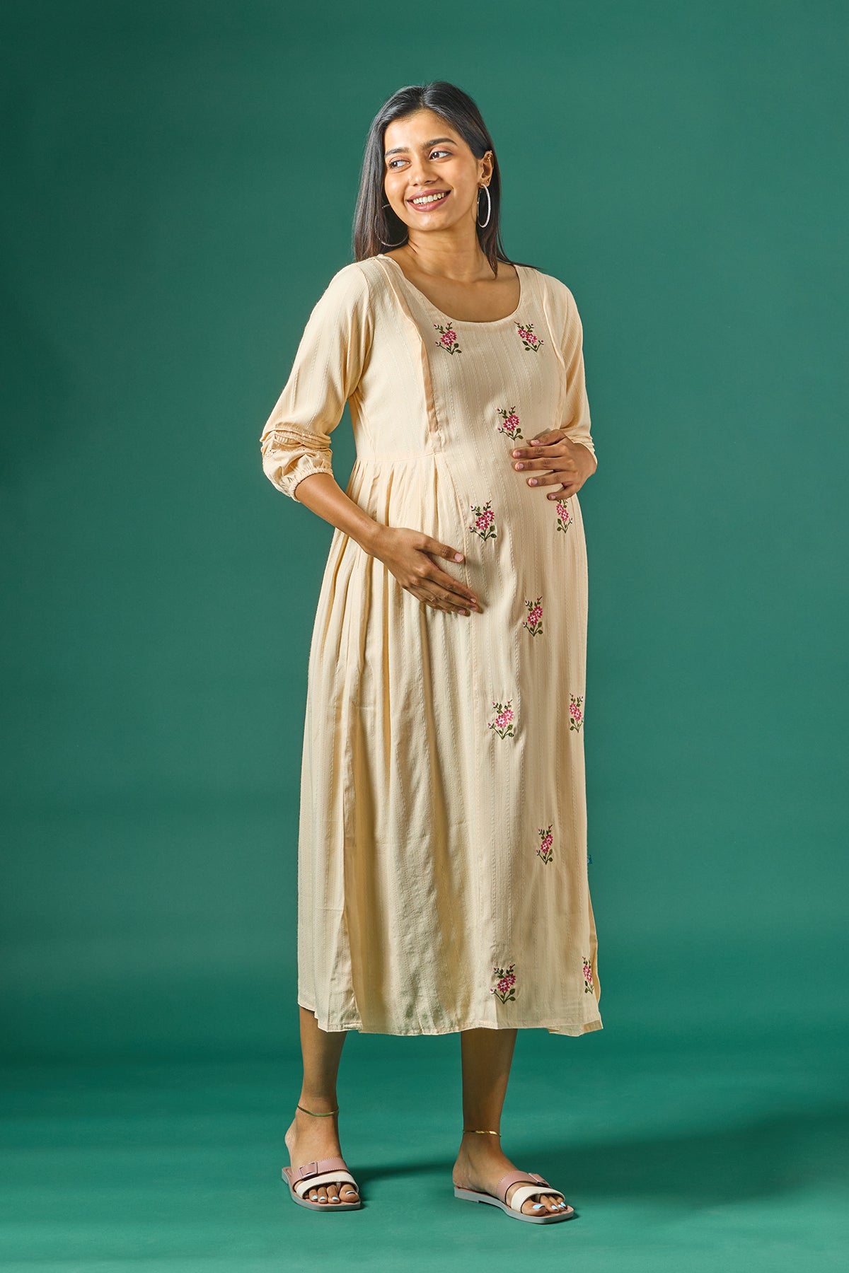 Textured Maternity Kurta with Delicate Floral Embroidery Beige