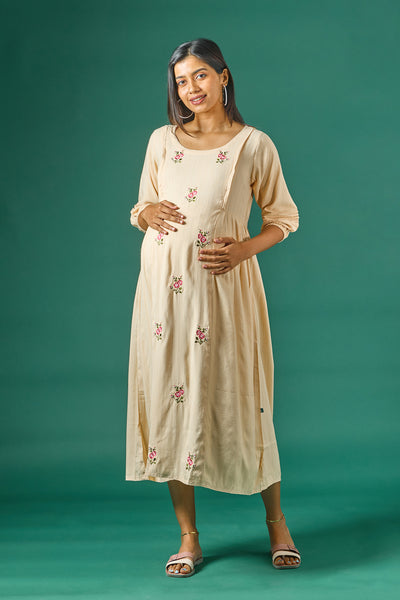 Textured Maternity Kurta with Delicate Floral Embroidery - Beige