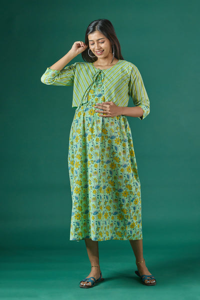 Floral Printed Maternity Kurta with Striped Jacket- Green