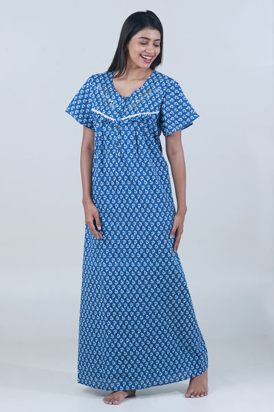 Monochromatic Printed Nighty With Embroidered & lace Embellished Yoke - Blue