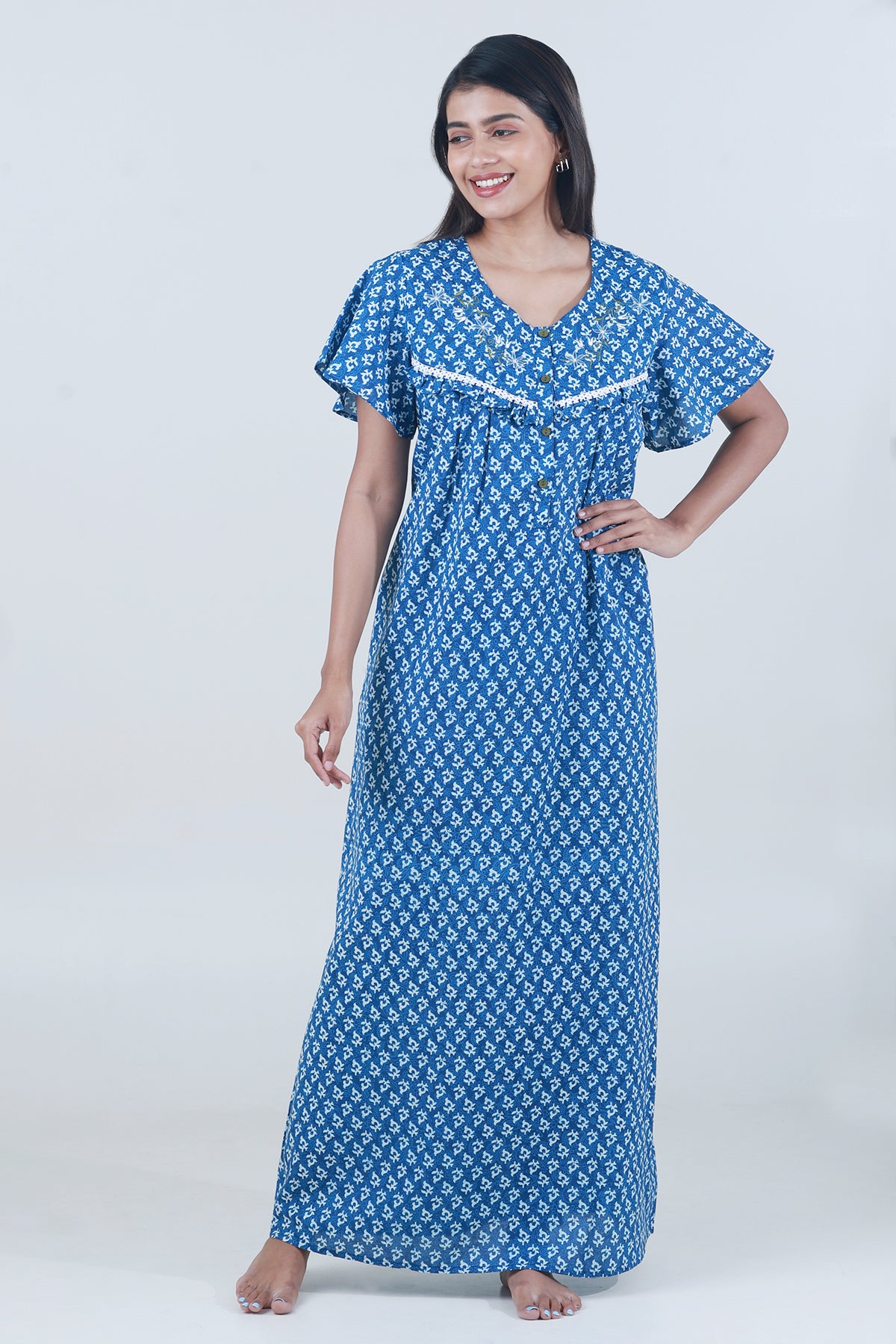Monochromatic Printed Nighty With Embroidered & lace Embellished Yoke - Blue