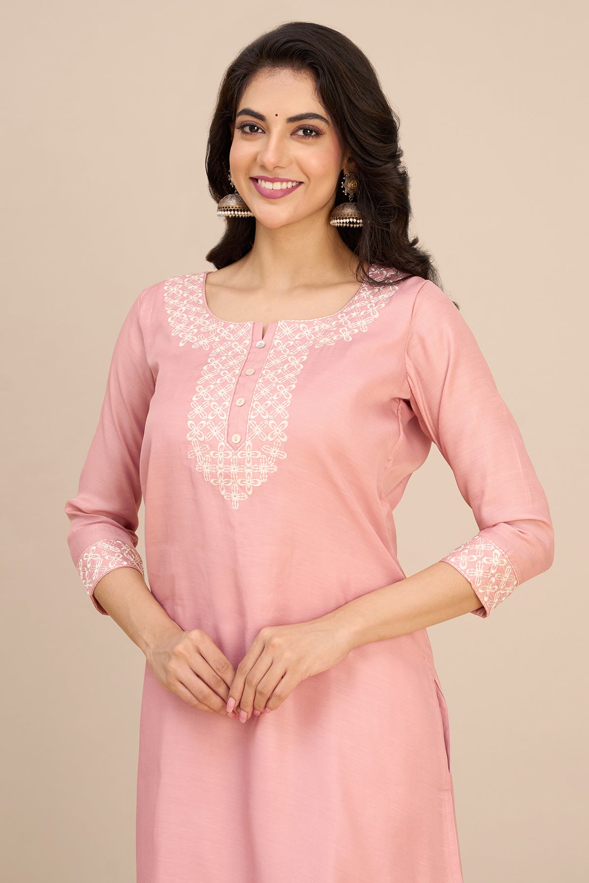 Floral Embroidered Kurta - Pink