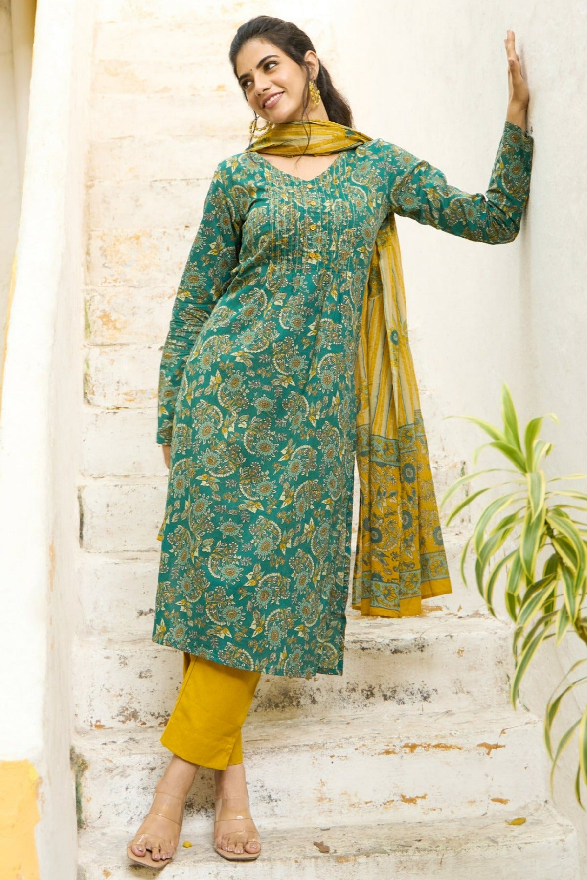 Garden Floral Printed Cotton Kurta Set with Dupatta - Green & Mustard