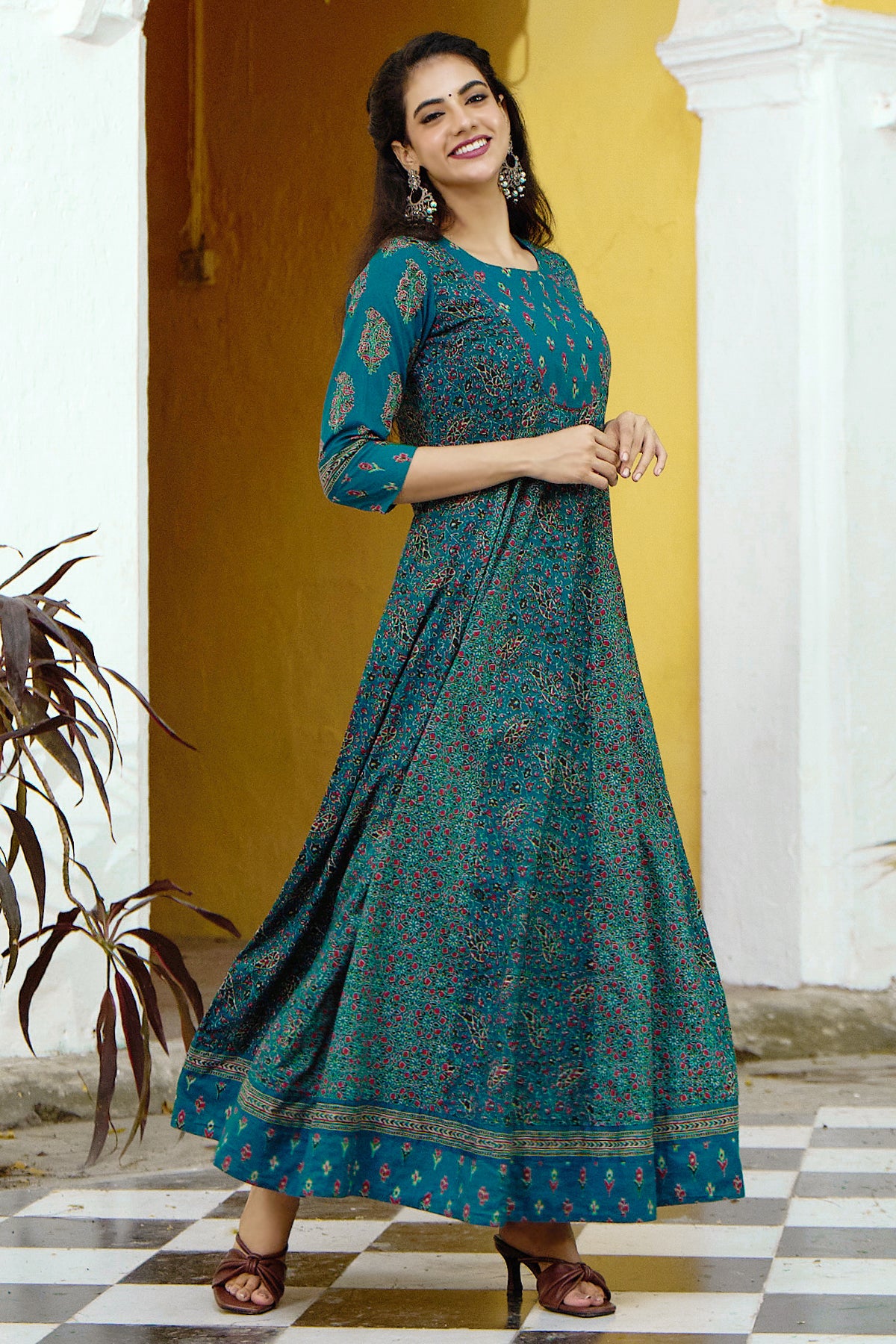 Ajrakh Printed & Embroidered Anarkali - Blue