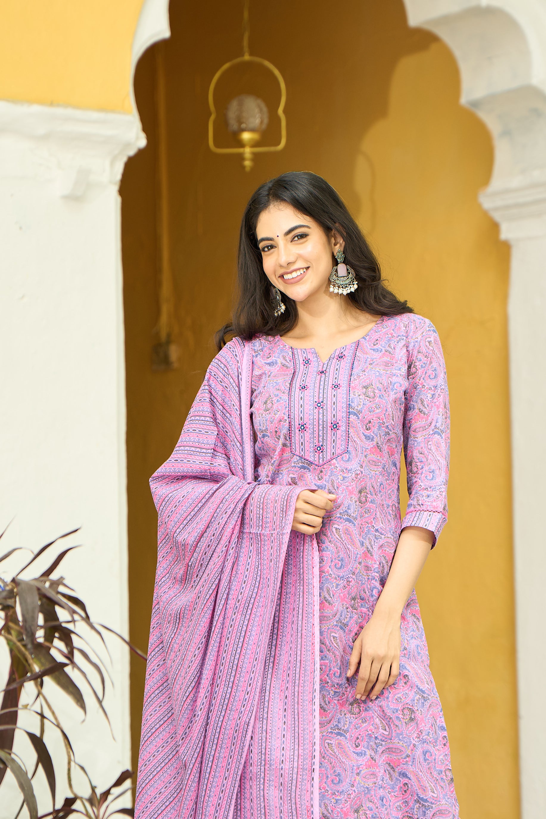 Paisley Printed Cotton Kurta set - Pink & Violet