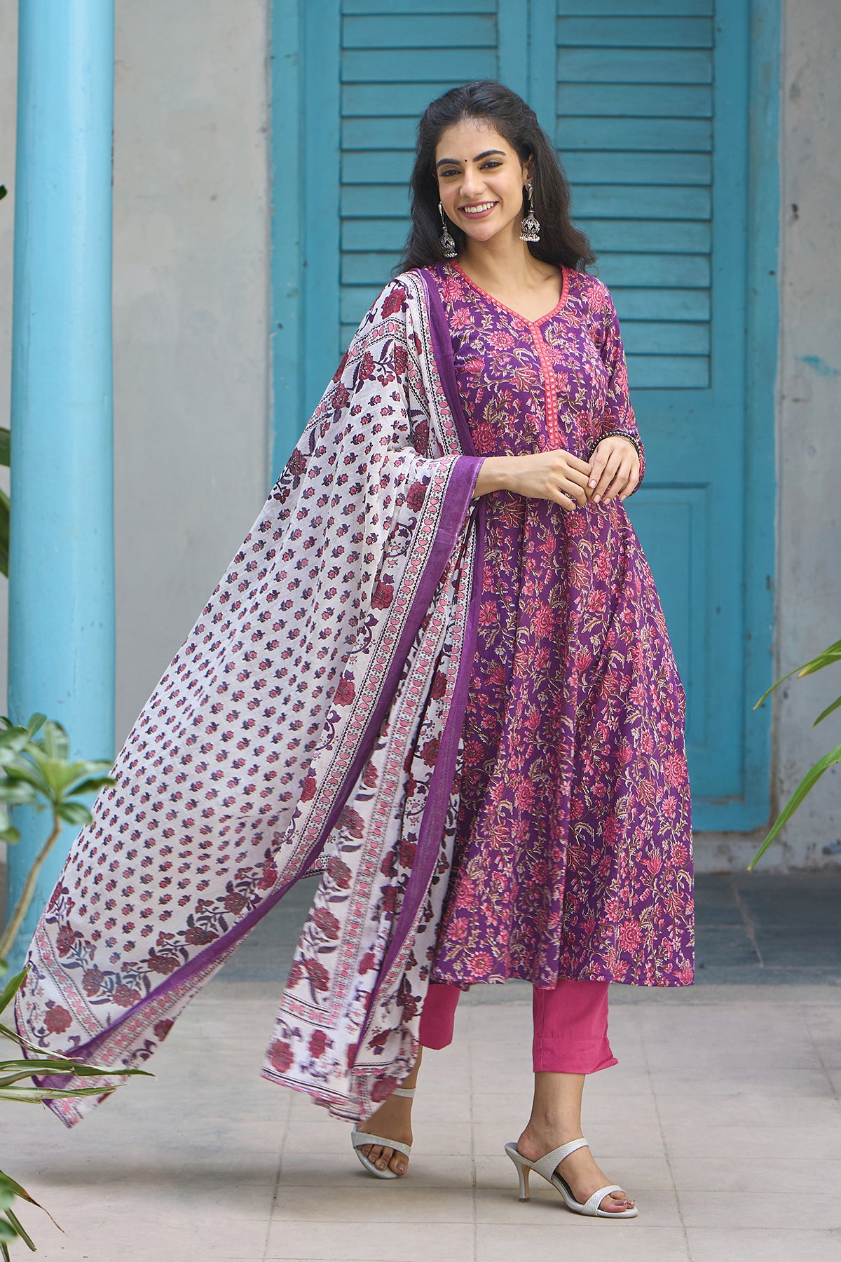 Floral Printed Cotton Kurta-Set with Dupatta - Purple