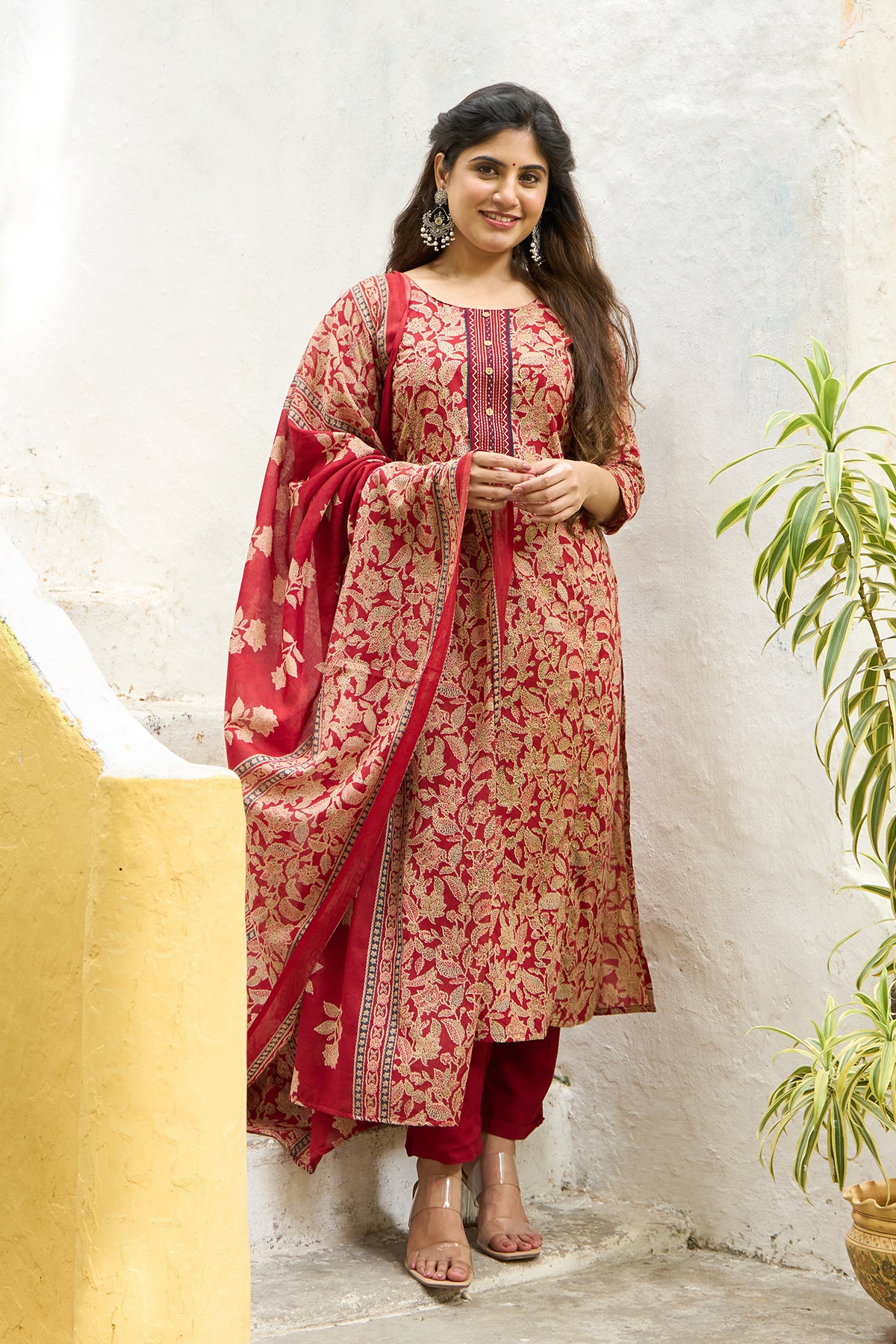 Abstract Floral Printed Cotton Kurta set with Dupatta - Rust