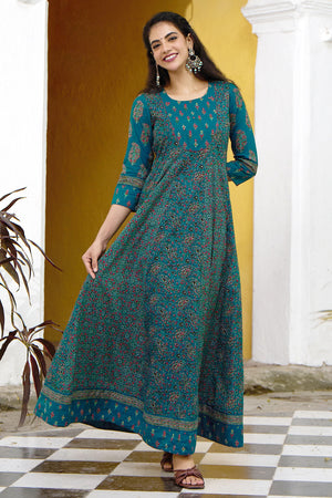 Ajrakh Printed & Embroidered Anarkali - Blue