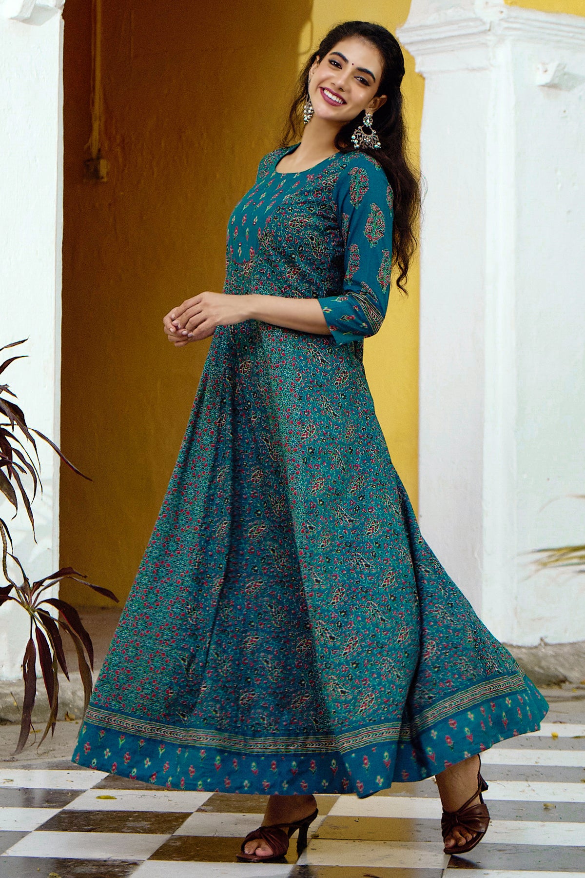 Ajrakh Printed & Embroidered Anarkali - Blue