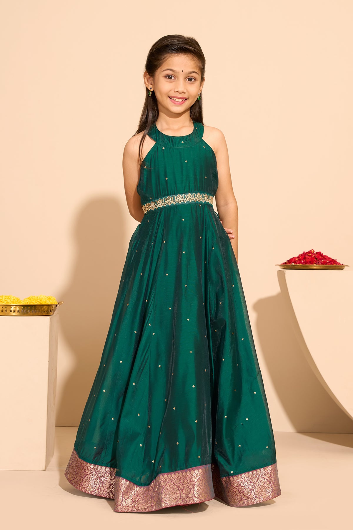 Floral Embroidered Kids Anarkali - Green