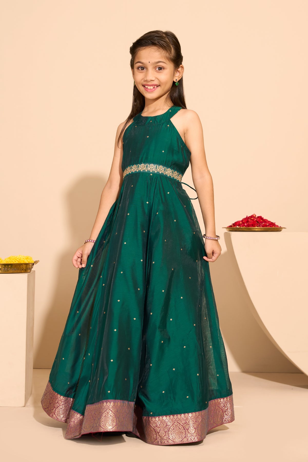 Floral Embroidered Kids Anarkali - Green