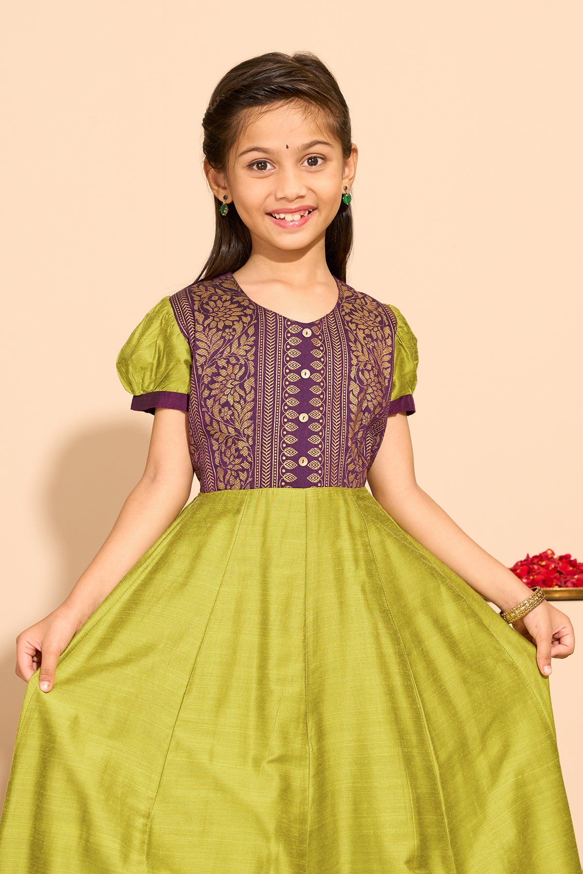 Floral Printed Kids Anarkali - Green