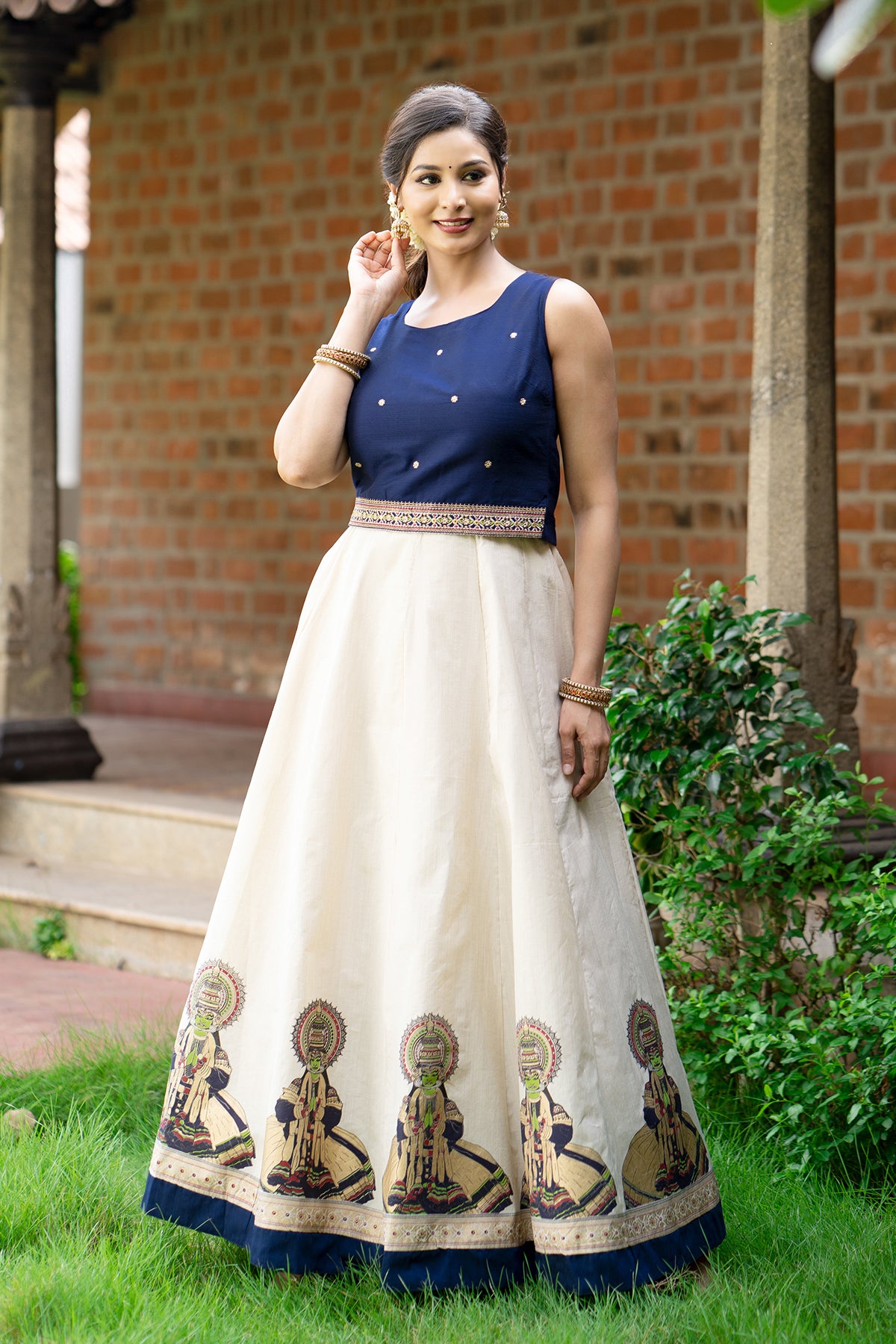 Kathakali Printed Floral Embroidered Skirt set - Blue & Off-White