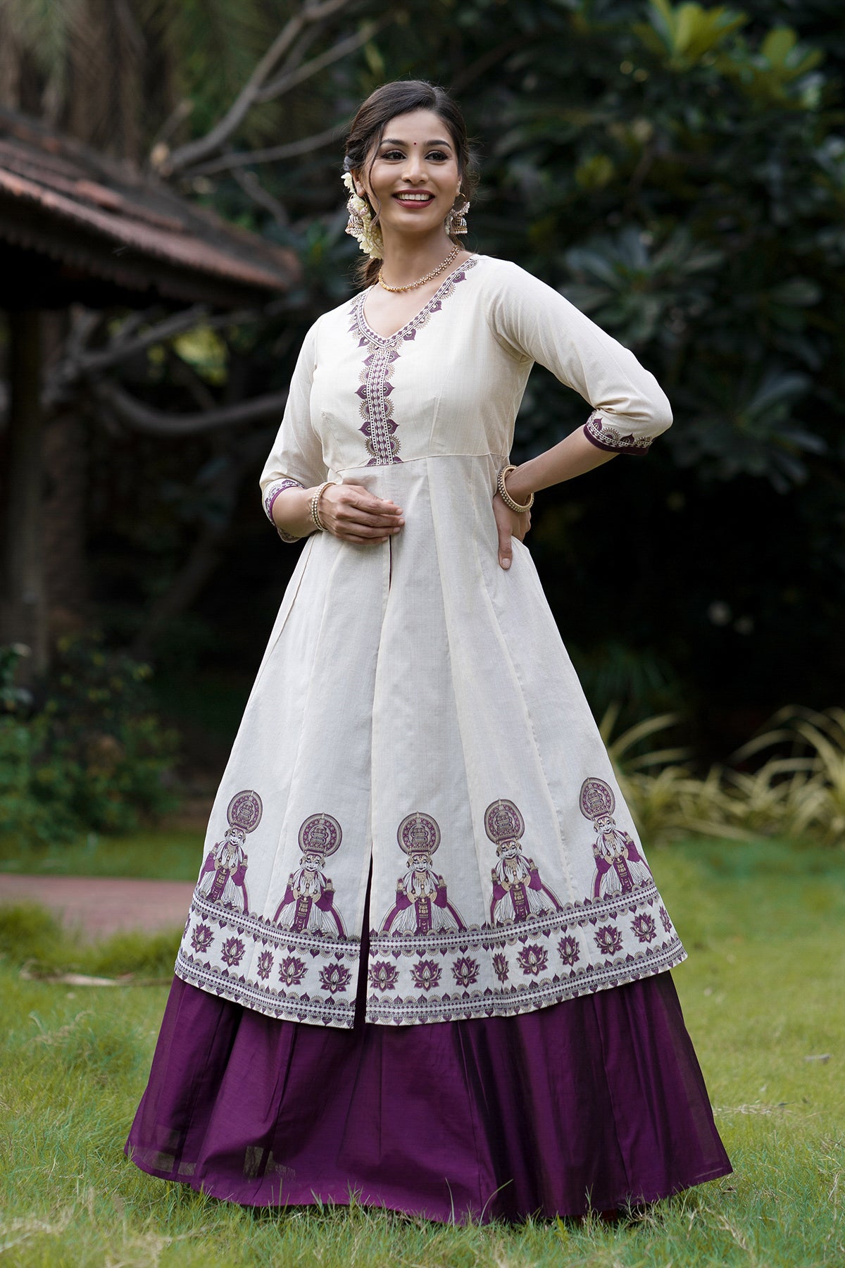 Kathakali Printed Skirtset with Front Slit - Purple & Off-White