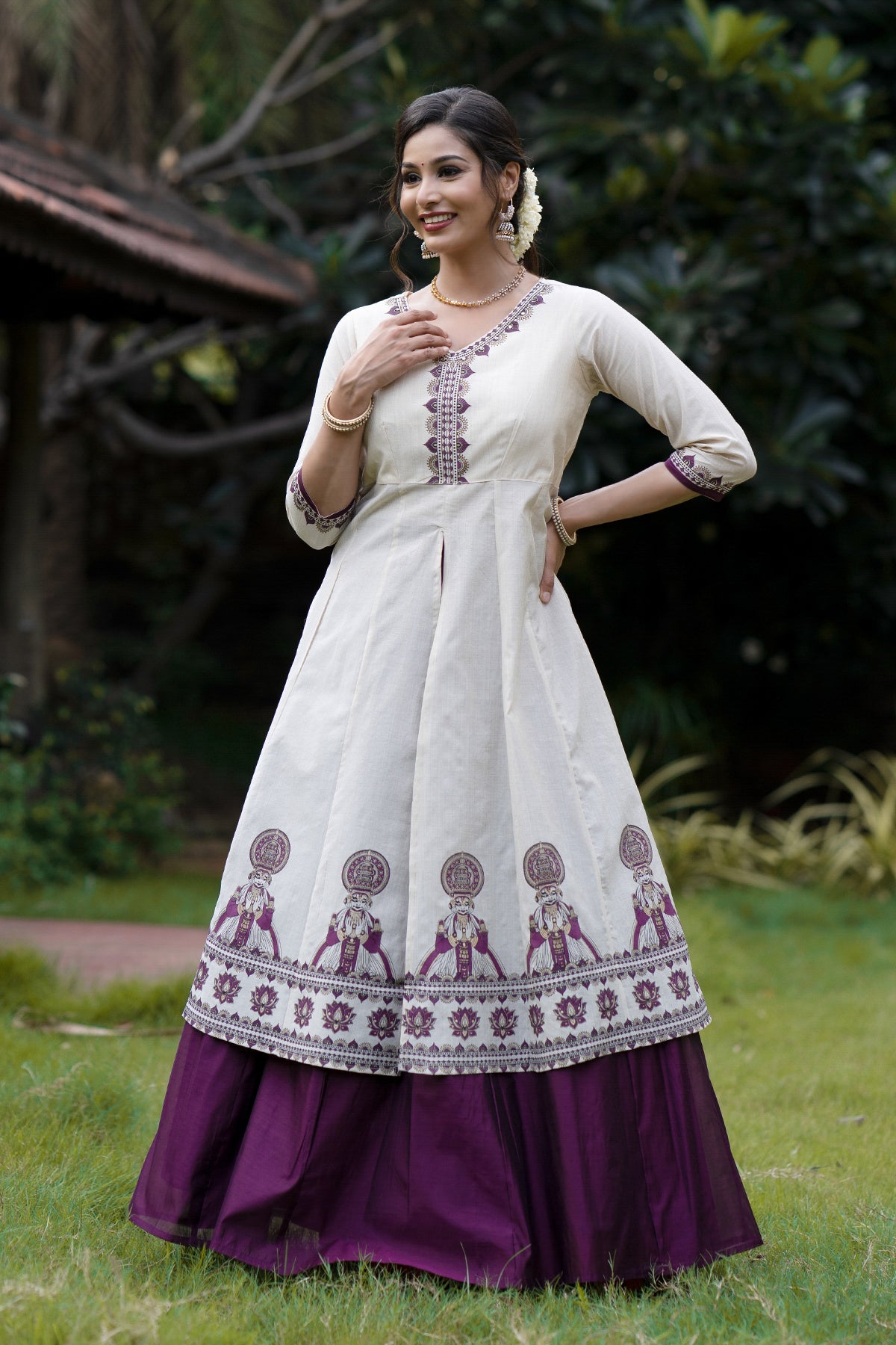 Kathakali Printed Skirtset with Front Slit - Purple & Off-White