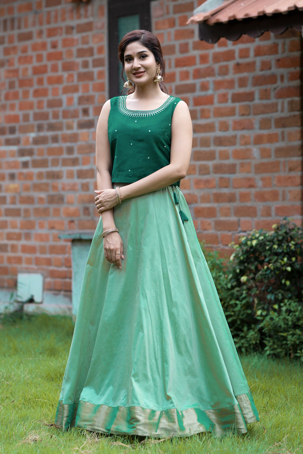 Floral Embroidered Skirt set with Tassels - Green