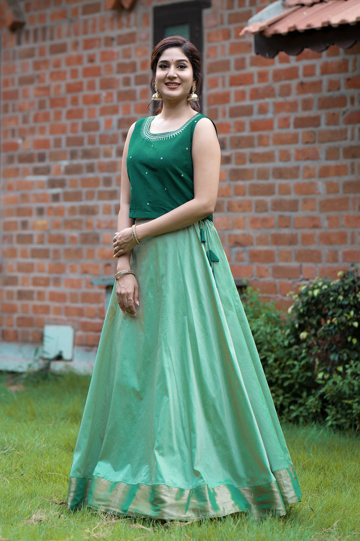 Floral Embroidered Skirt set with Tassels - Green