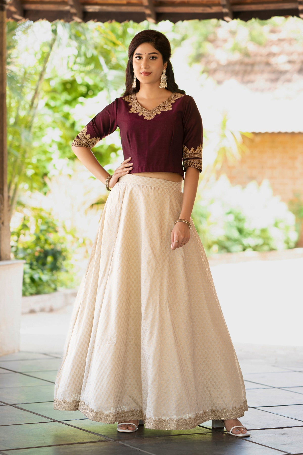 Floral Embroidered Skirt set - Burgundy & Off-White