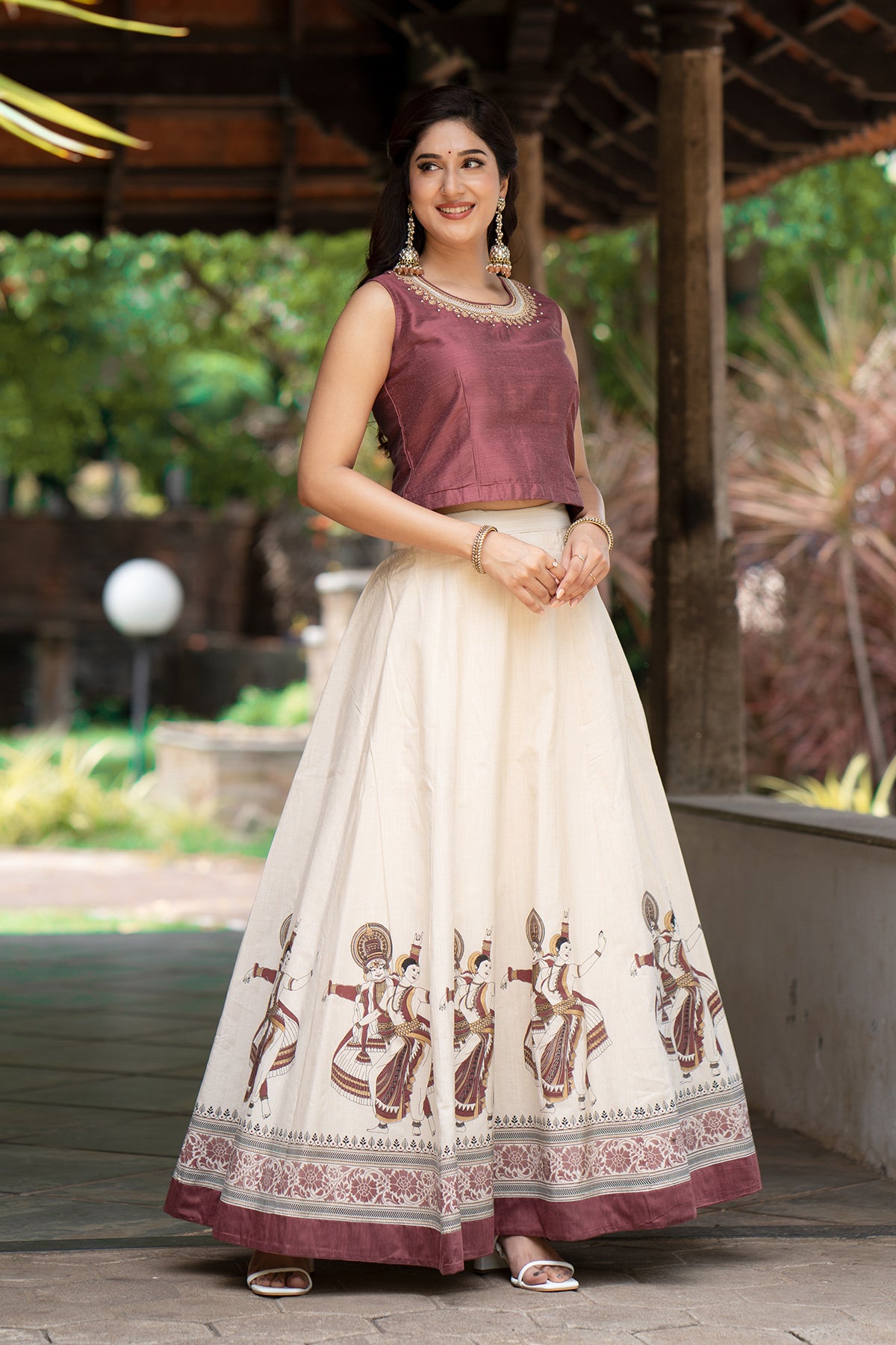 Kathakali Printed Floral Embroidered Skirt set - Mauve & Off-White