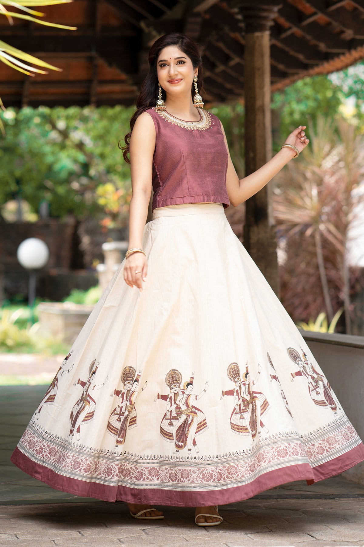 Kathakali Printed Floral Embroidered Skirt set - Mauve & Off-White