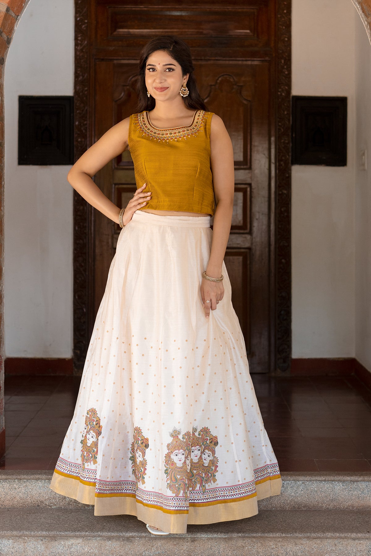 Krishna Mural Printed & Embroidered Skirt set - Mustard & Off-White