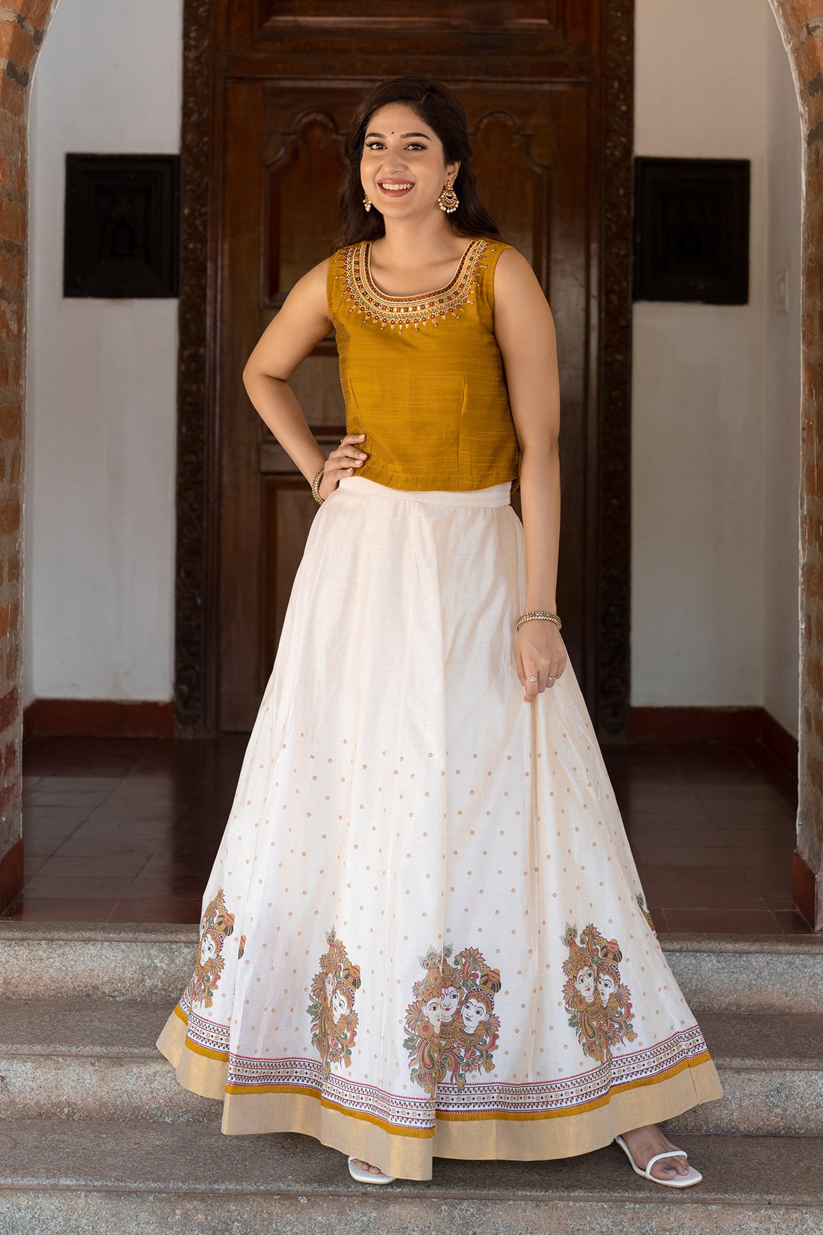 Krishna Mural Printed & Embroidered Skirt set - Mustard & Off-White