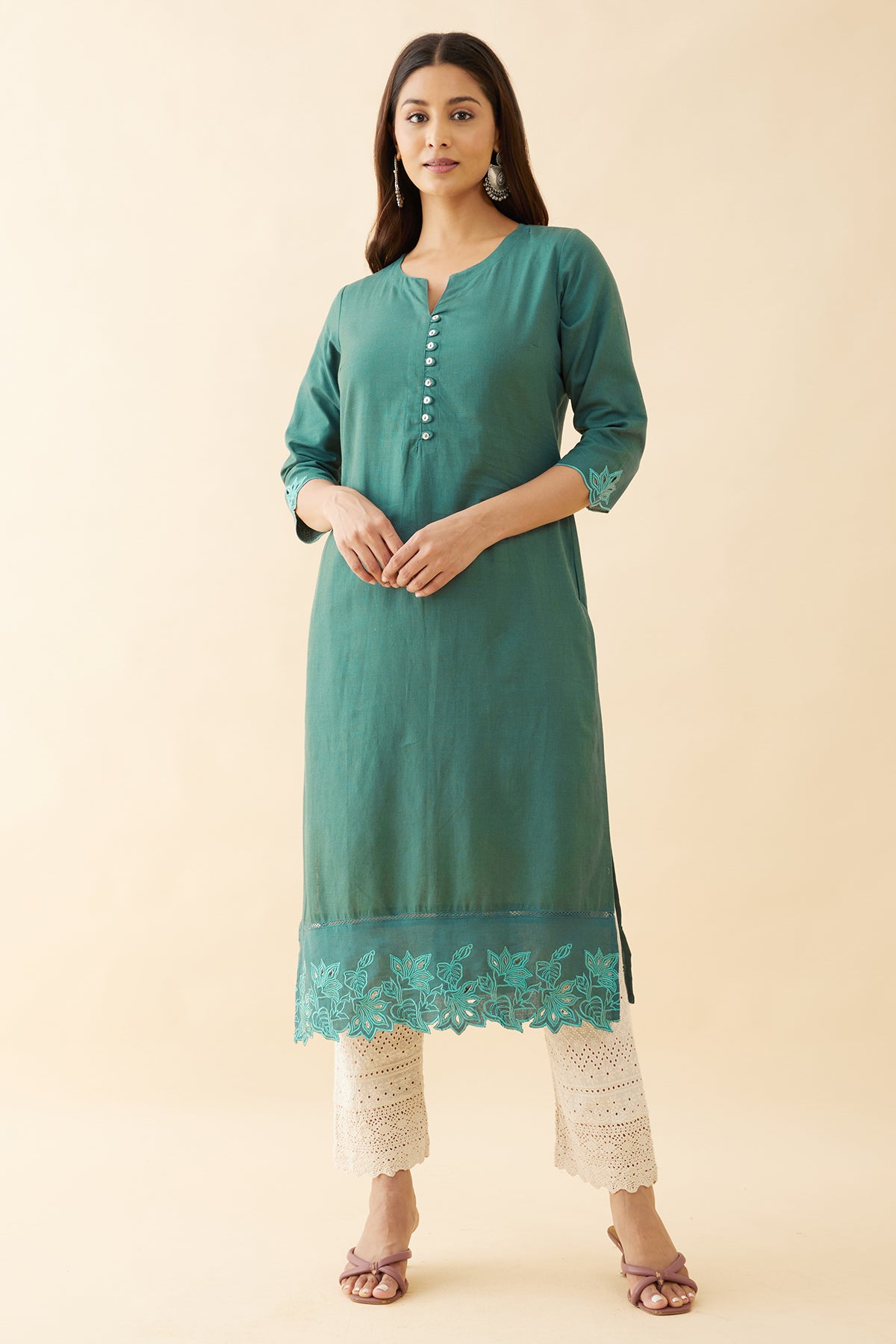 Floral Cut Work Kurta - Green