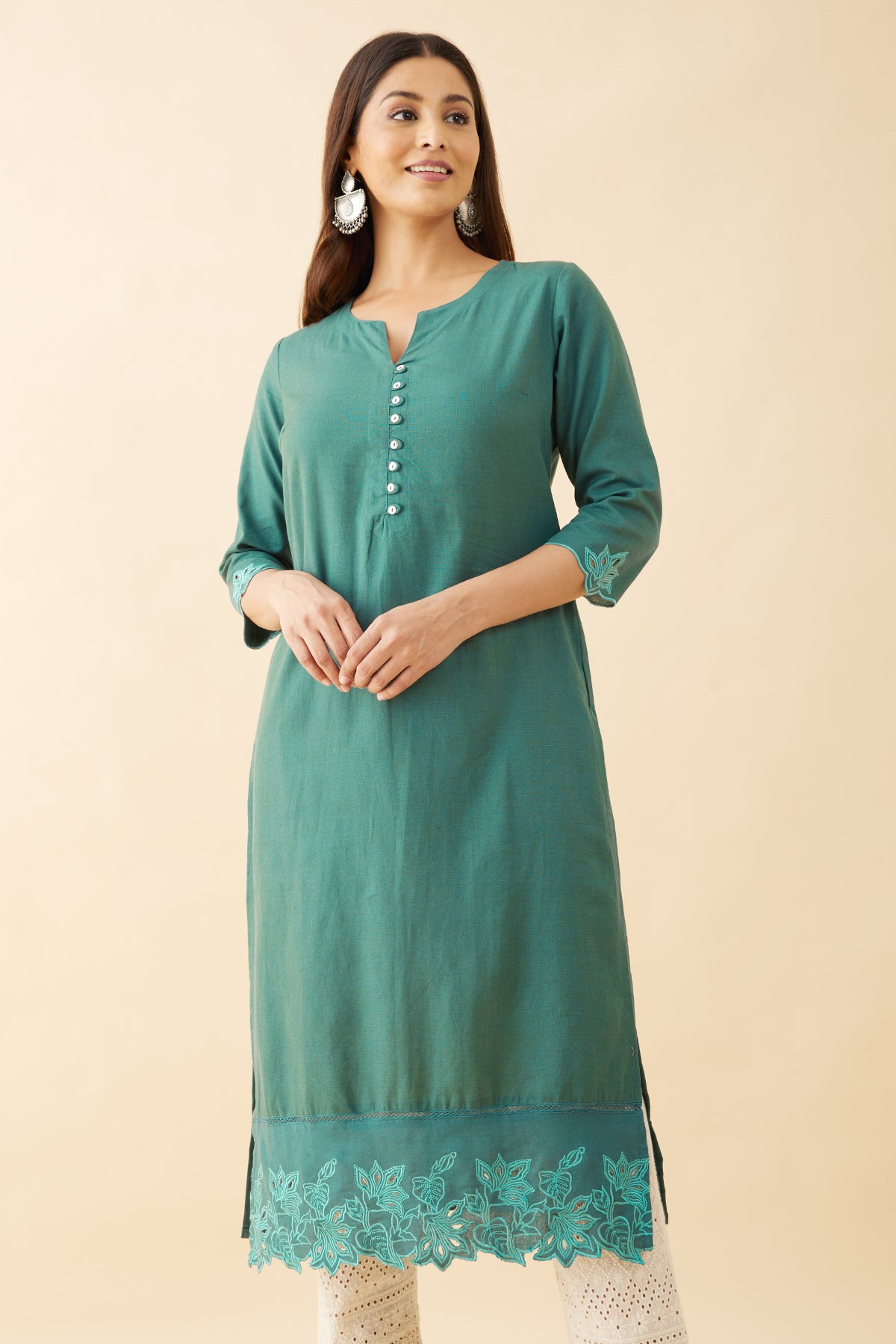 Floral Cut Work Kurta - Green