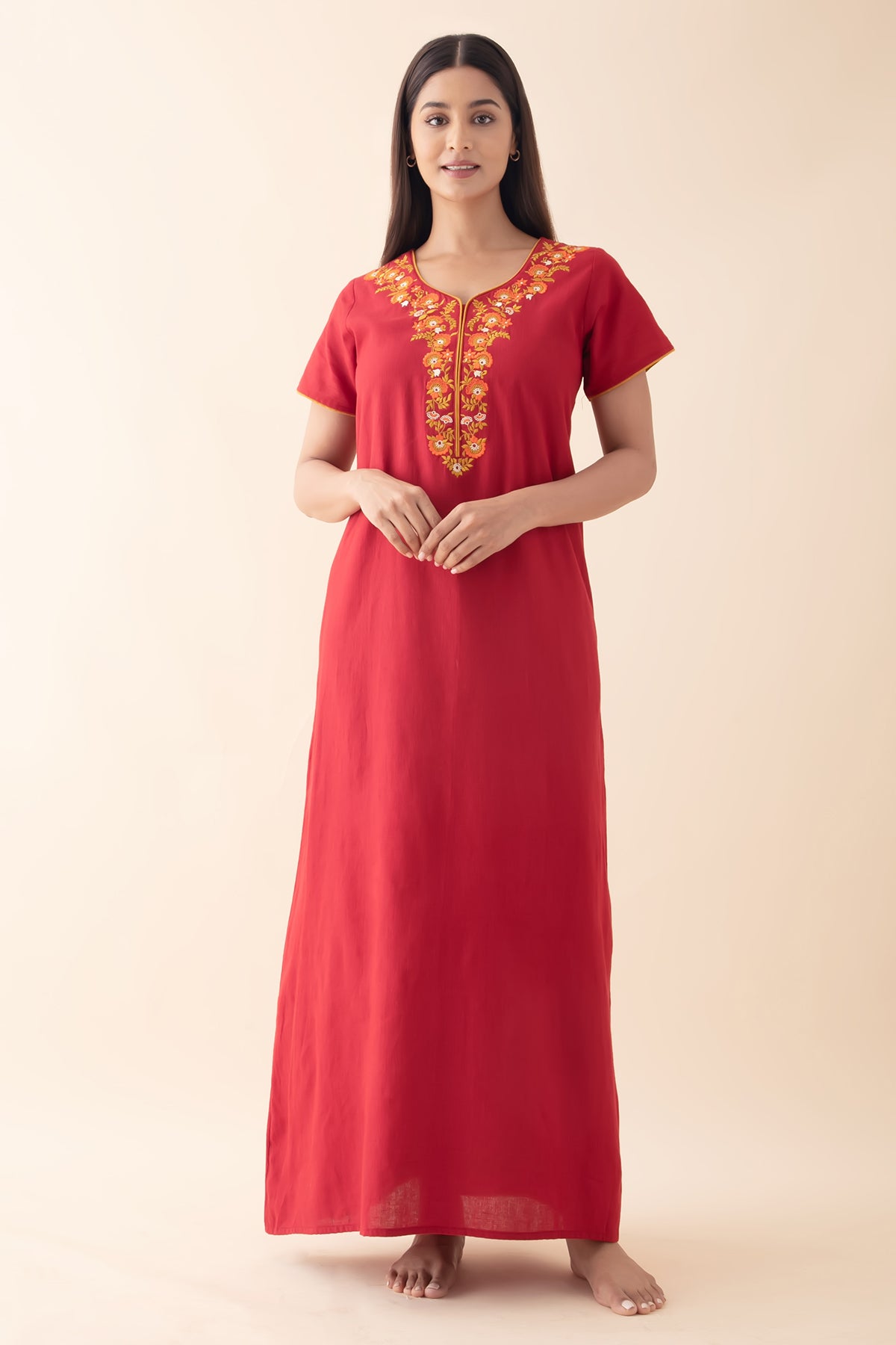 Solid Nighty with Floral Embroidered Yoke - Red