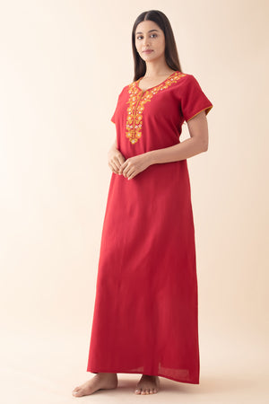 Solid Nighty with Floral Embroidered Yoke - Red