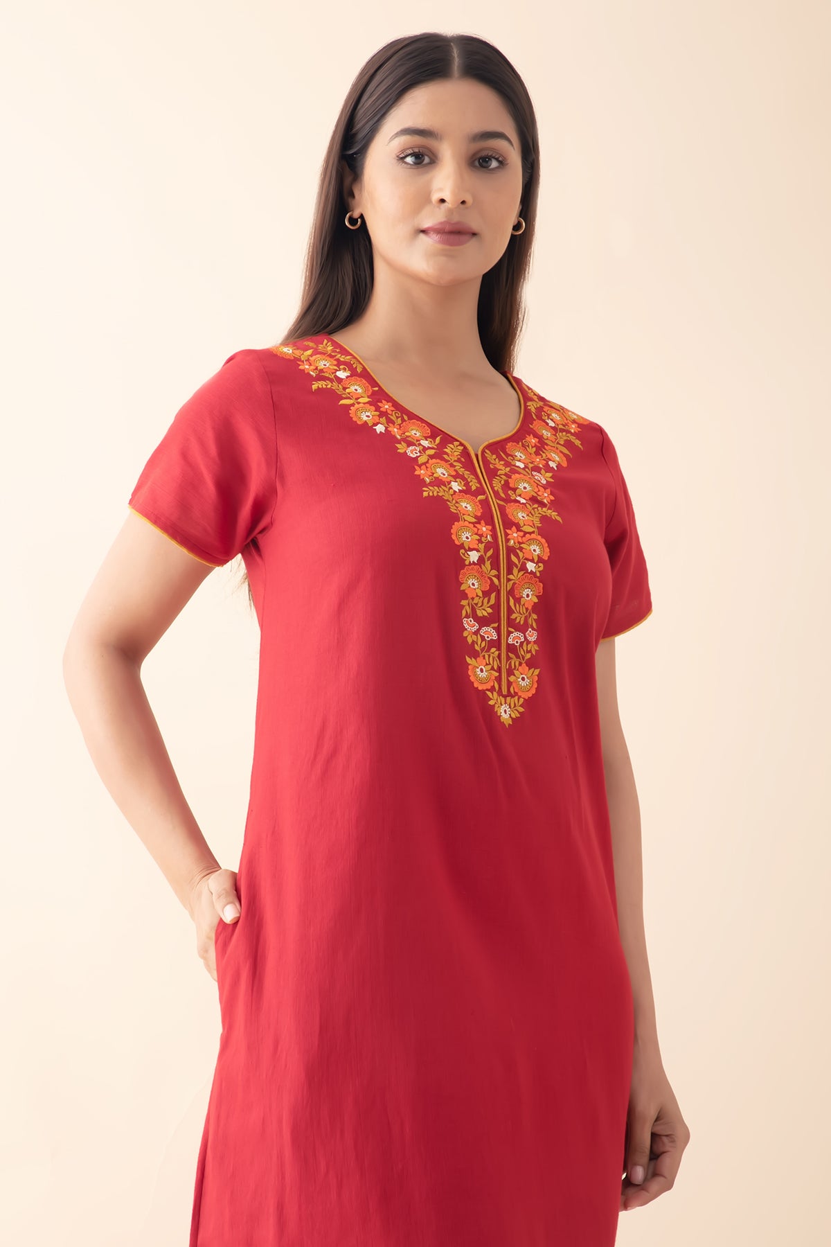 Solid Nighty with Floral Embroidered Yoke - Red