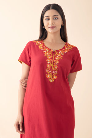 Solid Nighty with Floral Embroidered Yoke - Red