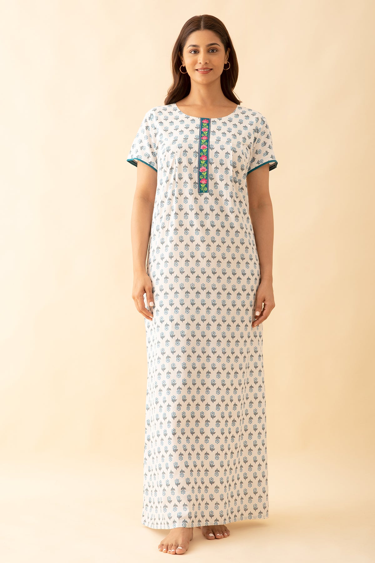 Allover Floral Printed & Embroidered Yoke Nighty - Blue