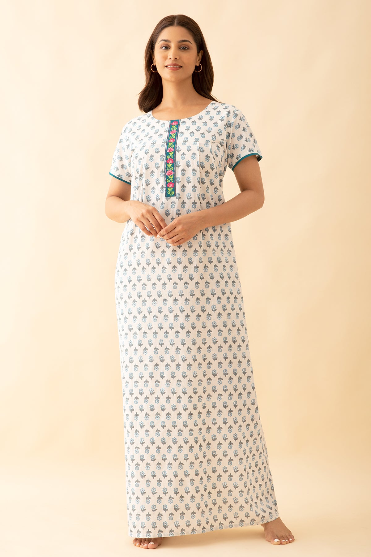 Allover Floral Printed & Embroidered Yoke Nighty - Blue