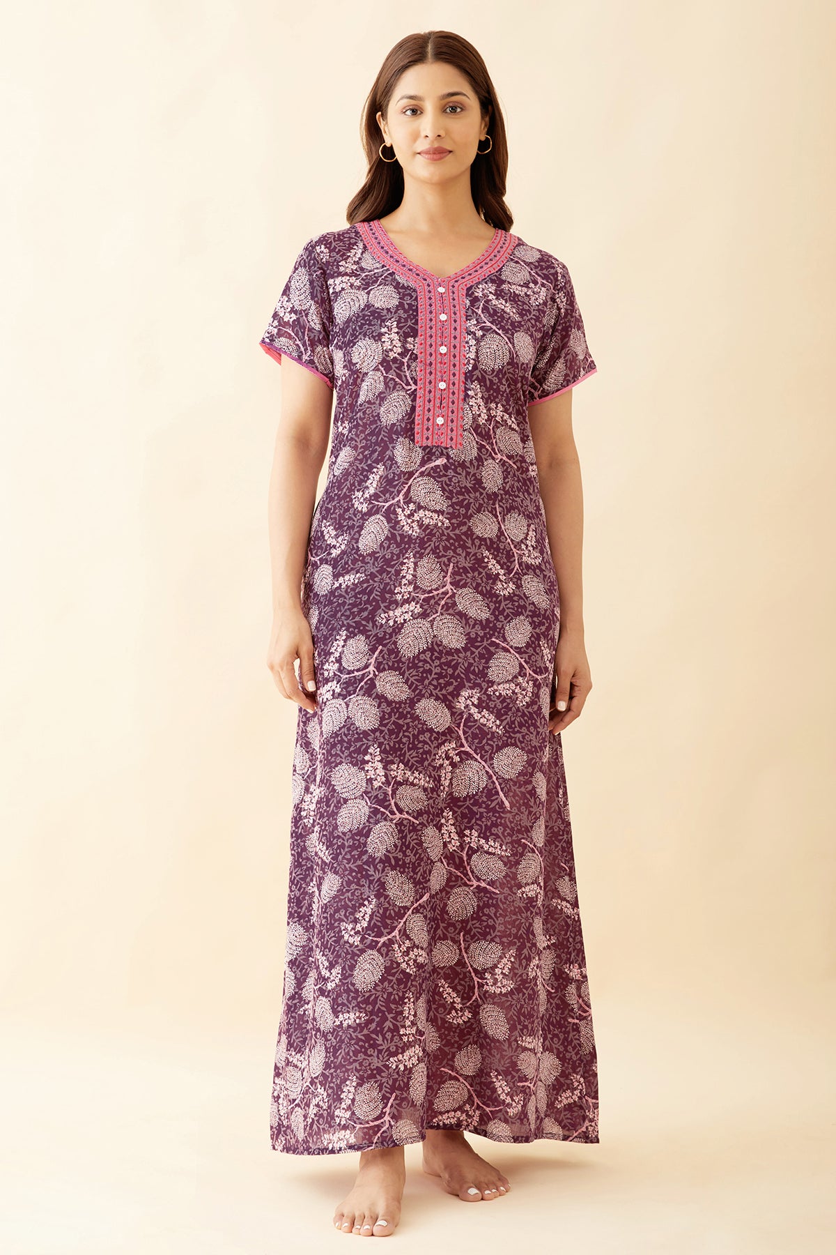 Allover Floral Printed With Geometric Embroidered Yoke Nighty - Purple