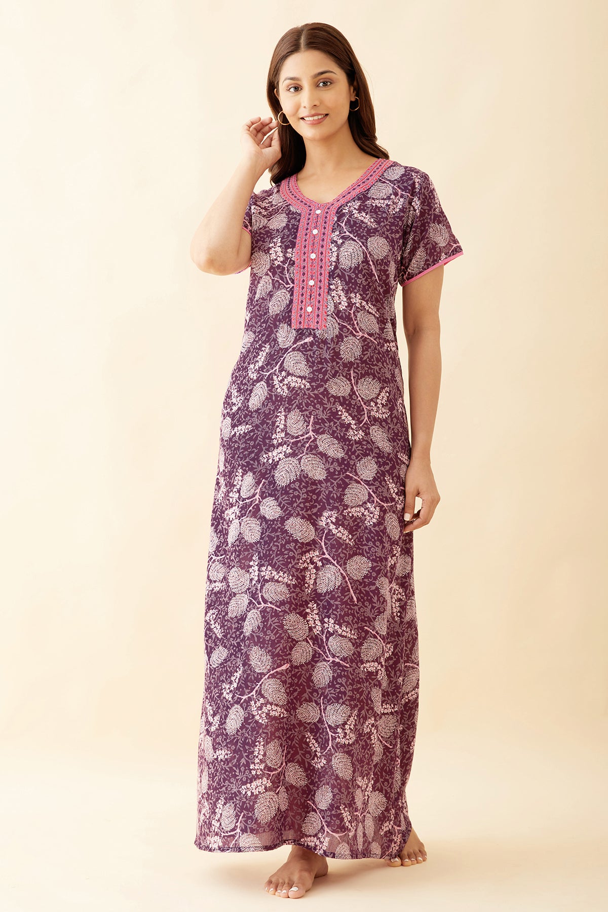 Allover Floral Printed With Geometric Embroidered Yoke Nighty - Purple