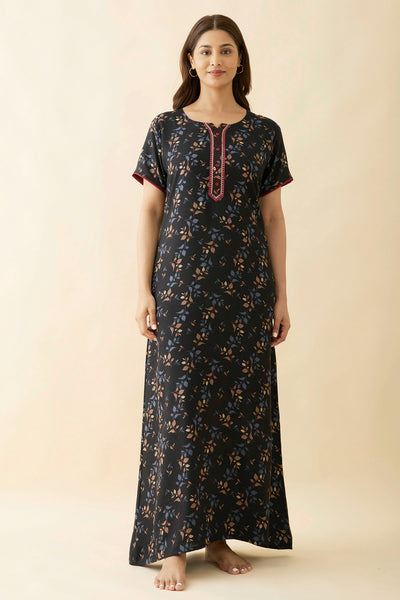Allover Leaf Printed With Embroidered Yoke - Black