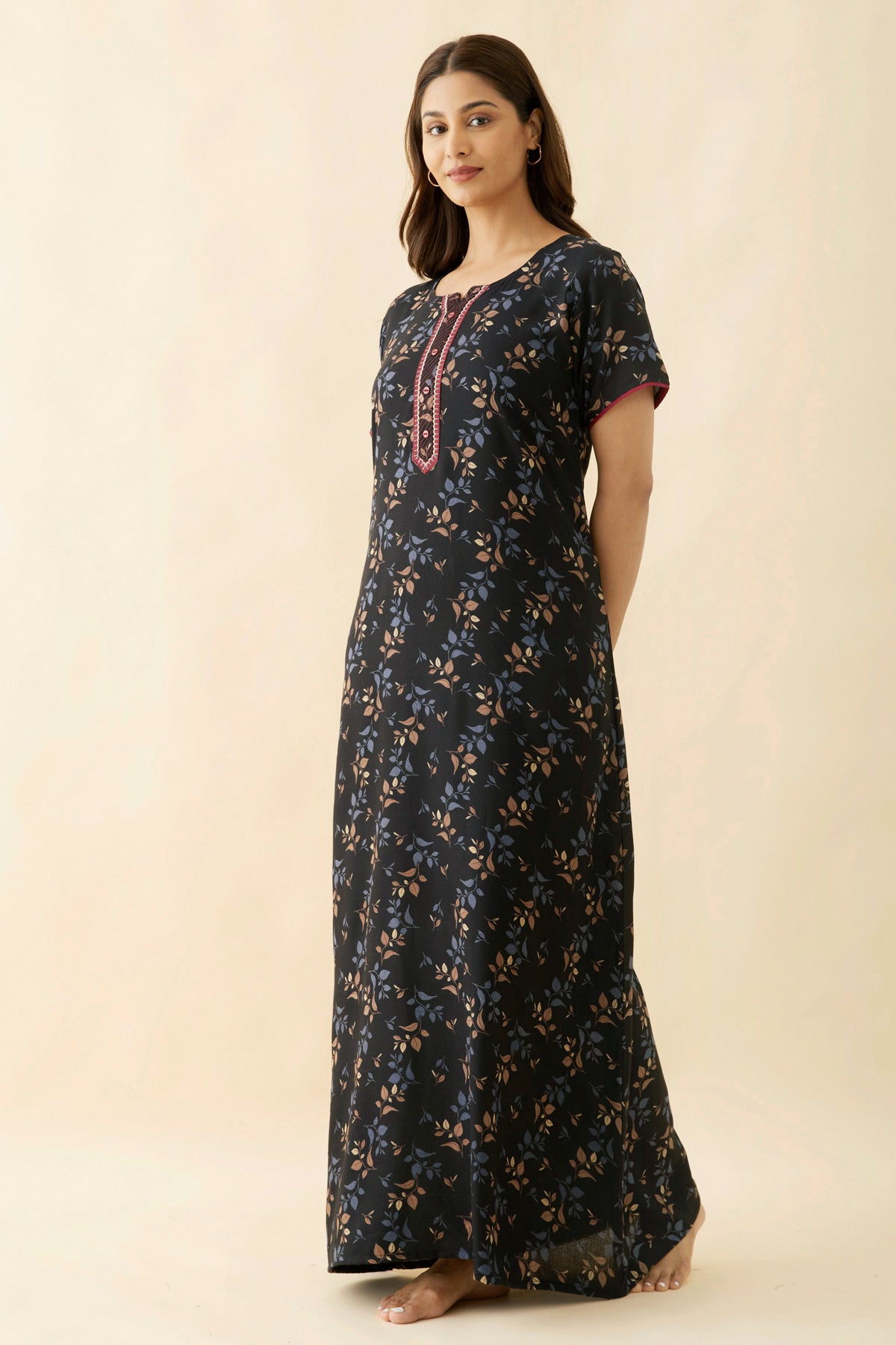 Allover Leaf Printed With Embroidered Yoke - Black