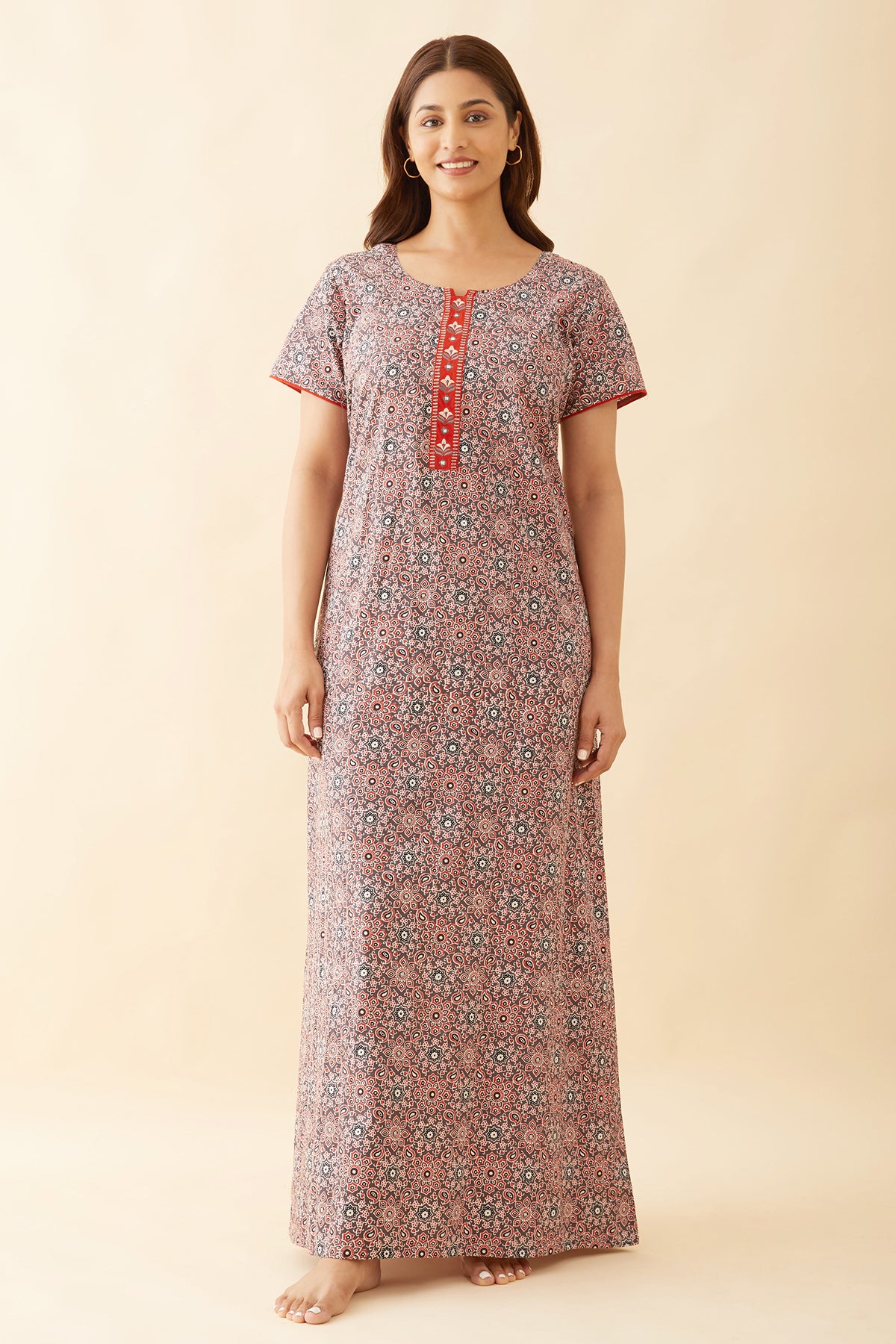 Allover Paisley Printed With Floral Embroidered Yoke Nighty - Orange