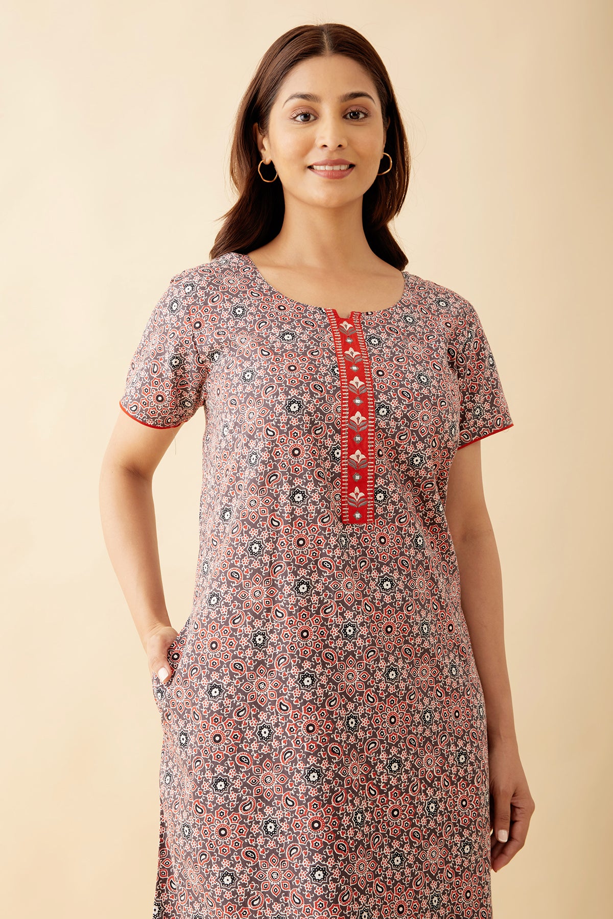 Allover Paisley Printed With Floral Embroidered Yoke Nighty - Orange