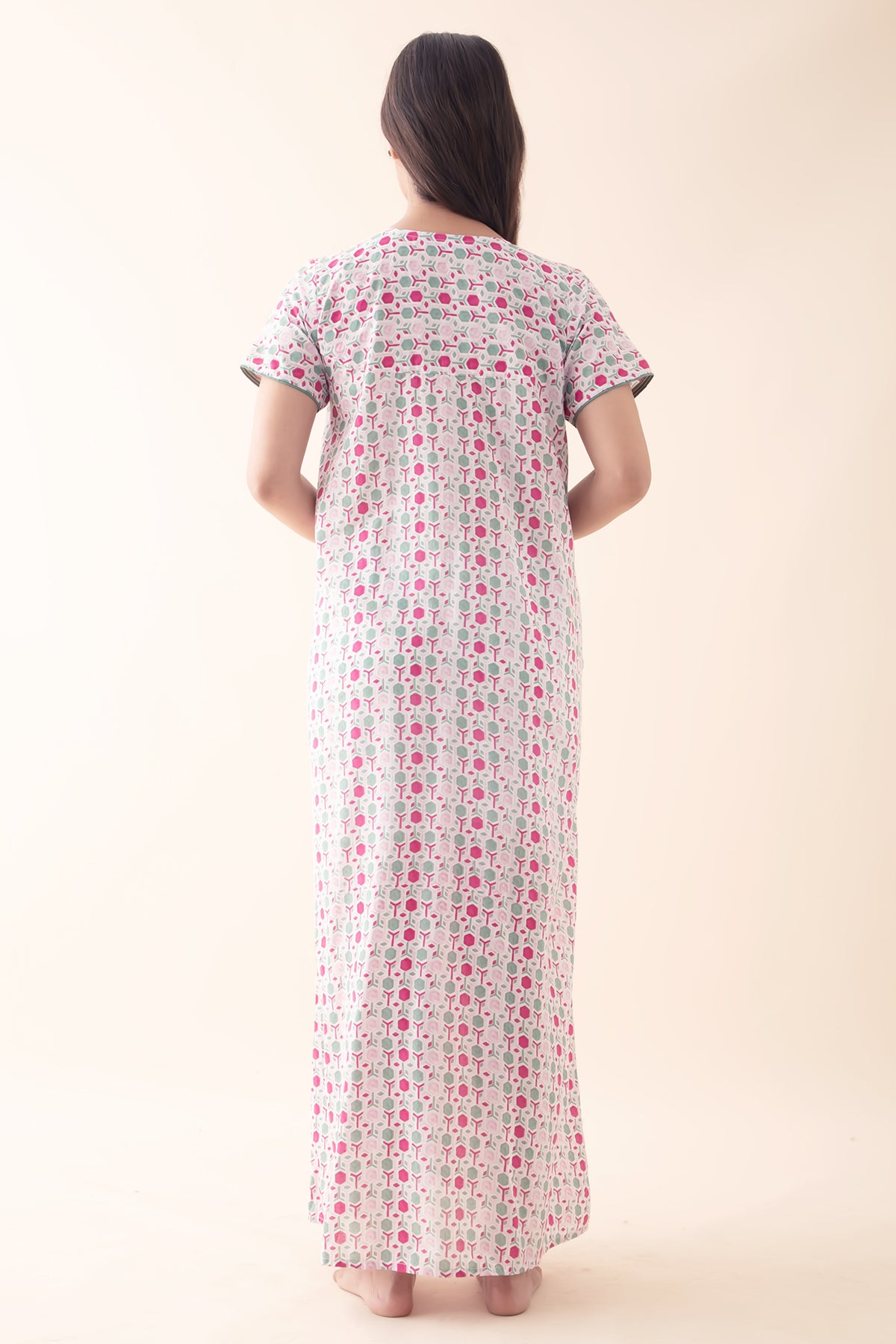 Floral & Geometric Printed Pastel Nighty - Light Pink