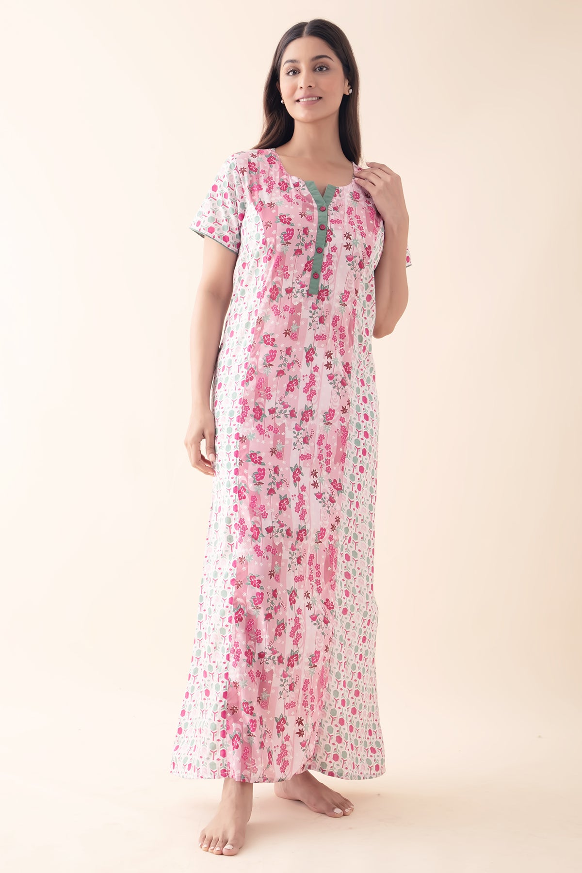 Floral & Geometric Printed Pastel Nighty - Light Pink