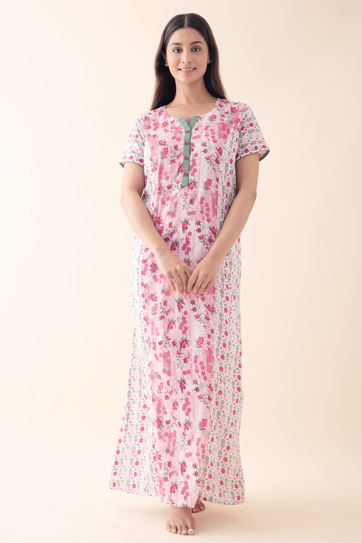 Floral & Geometric Printed Pastel Nighty - Light Pink