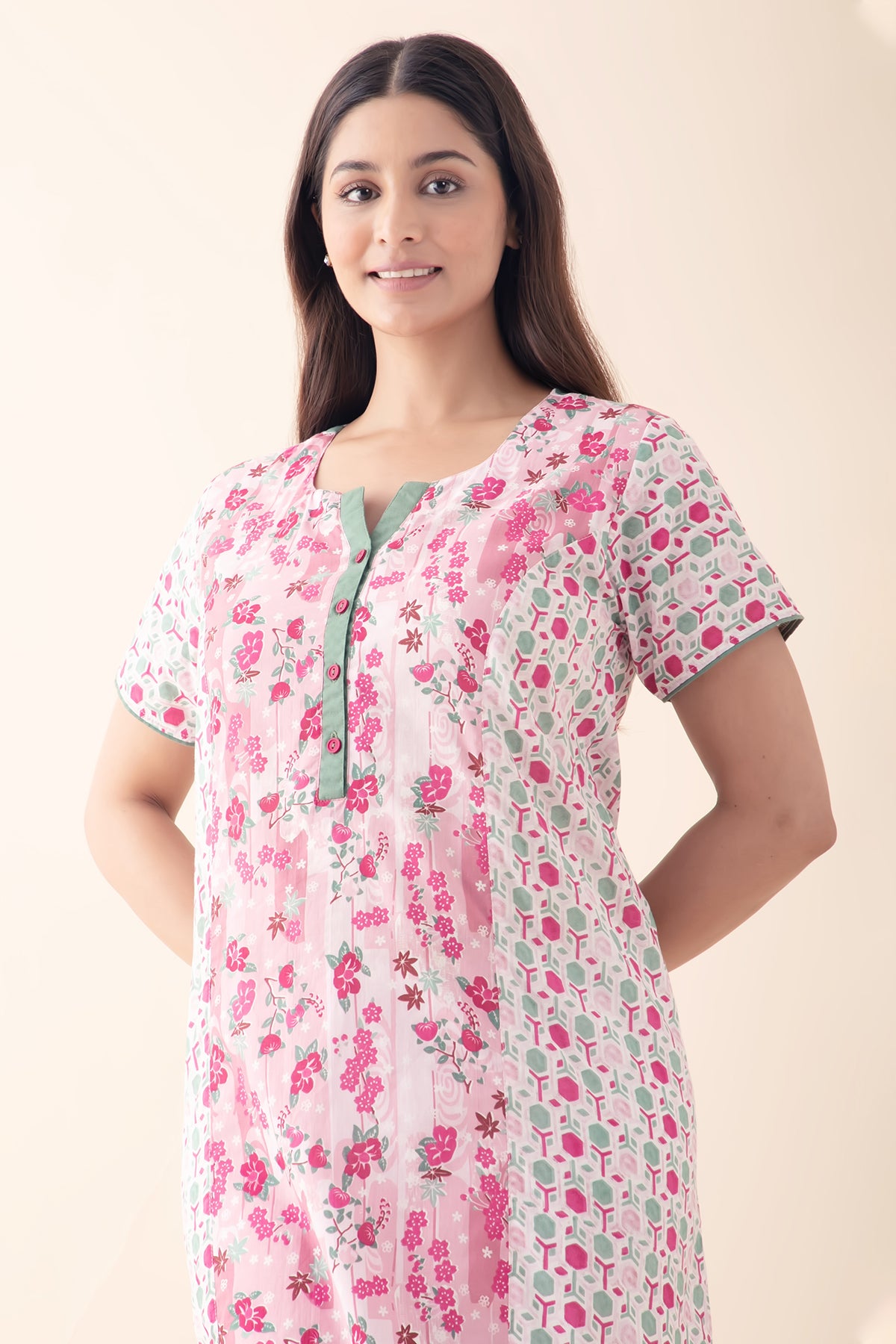 Floral & Geometric Printed Pastel Nighty - Light Pink