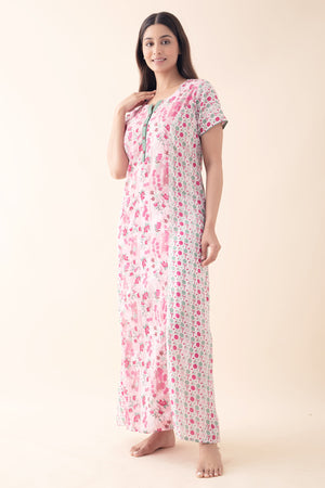 Floral & Geometric Printed Pastel Nighty - Light Pink